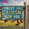 VintageEggChicken™ Charming Vintage Tin Sign with Empty Egg Carton Drop Box Quote, Retro Chicken Design, Rustic Farm Decor