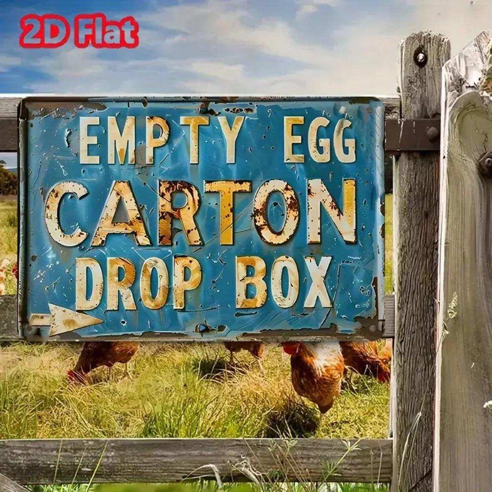 VintageEggChicken™ Charming Vintage Tin Sign with Empty Egg Carton Drop Box Quote, Retro Chicken Design, Rustic Farm Decor