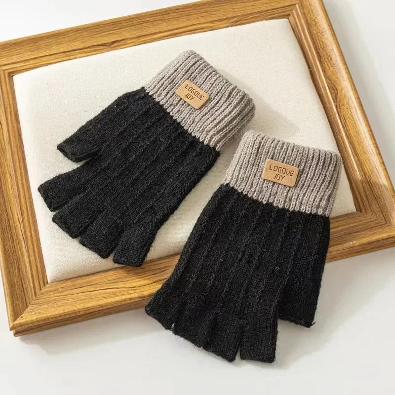 Winter Fingerless Gloves for Men Half Finger Writting Office Knitted Thick Wool Warm Label Thick Elastic Outdoor Driving Gloves
