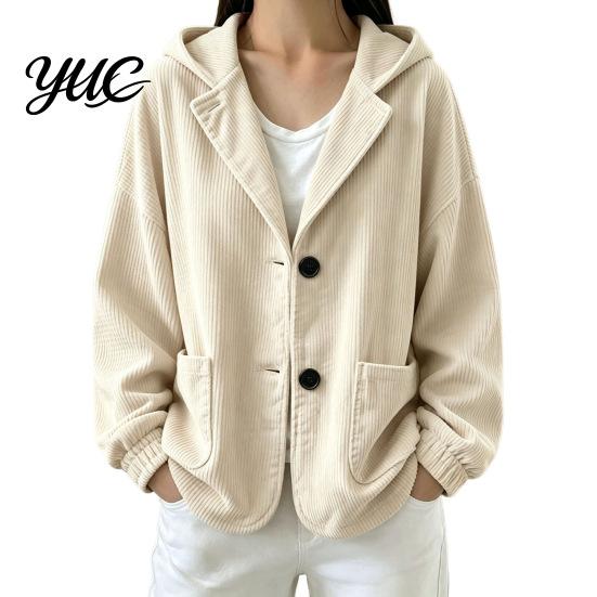 Everyday Layering Piece Autumn Winter Casual Coat, Hoolded Long Sleeve Jacket, Comfortable Commuter Apparel Loose Fit Vertical Corduroy Outerwear with