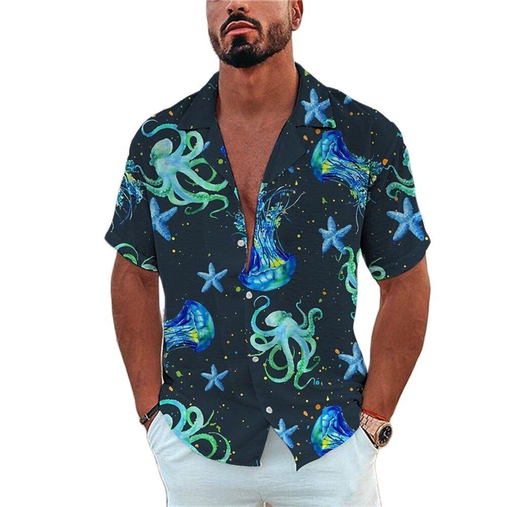 Pánská košile s potiskem mořských zvířat, oblečení na pláž, dovolenou, havajská košile, jednořadá, volnočasová klopa, módní top s krátkým rukávem