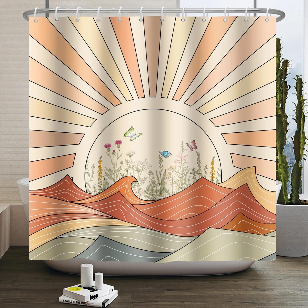 70s Retro Rainbow Shower Curtain Hippy Funky Cartoon Mushroom Floral Bathroom Curtain Polyester Waterproof Fabric Bathtub Screen