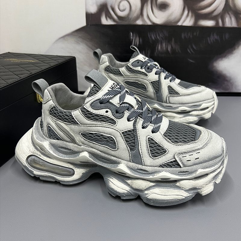 2025 spring retro polished men's shoes, new summer mesh breathable casual sports thick sole heightening dad trendy shoes