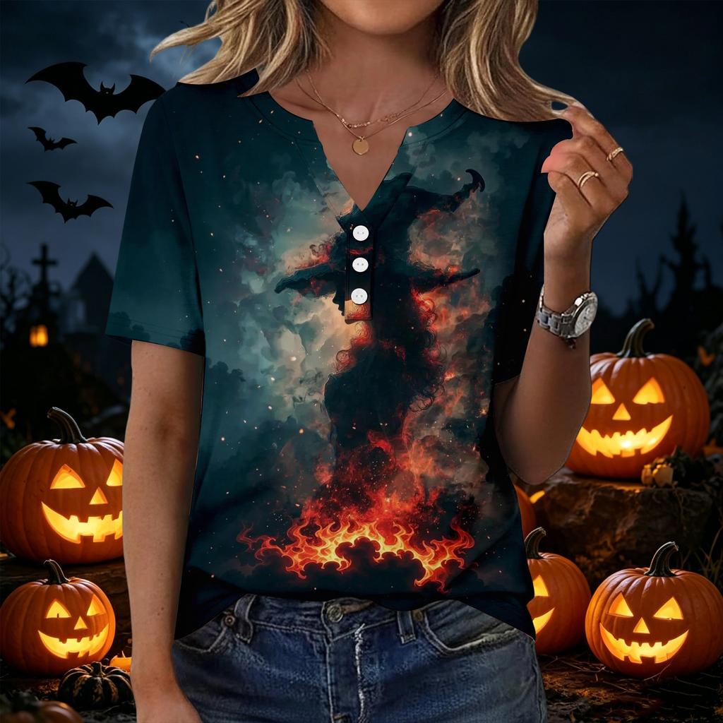 Women's Casual Halloween Print V Neck Short Sleeve Button Front T Shirt Top Lightweight Comfortable Fit for Everyday Wear