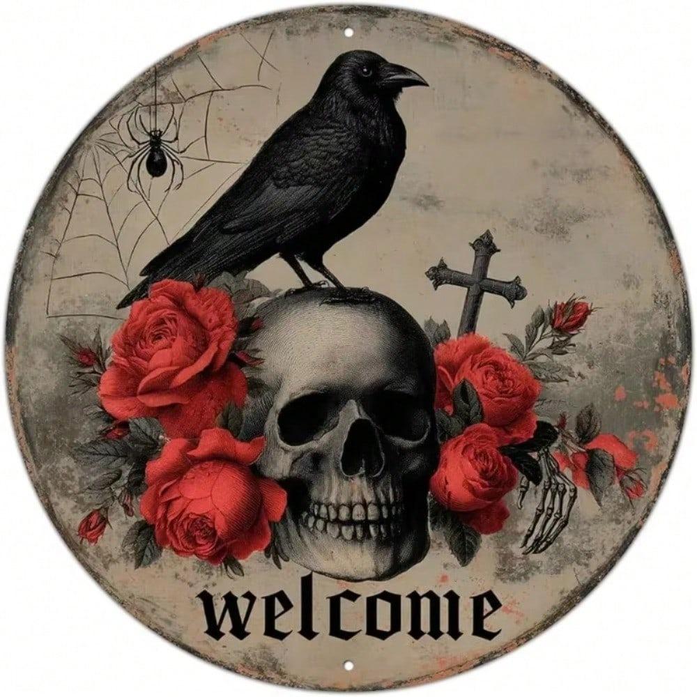 Halloween Skull Crow Tin Sign Vintage Gothic Skeleton Decor Wall Plaque