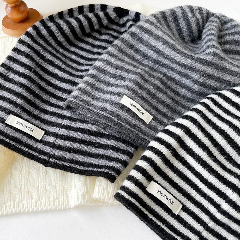 0% all wool striped knitted hat stacking hat women's autumn and winter bag head cold hat versatile warm hat