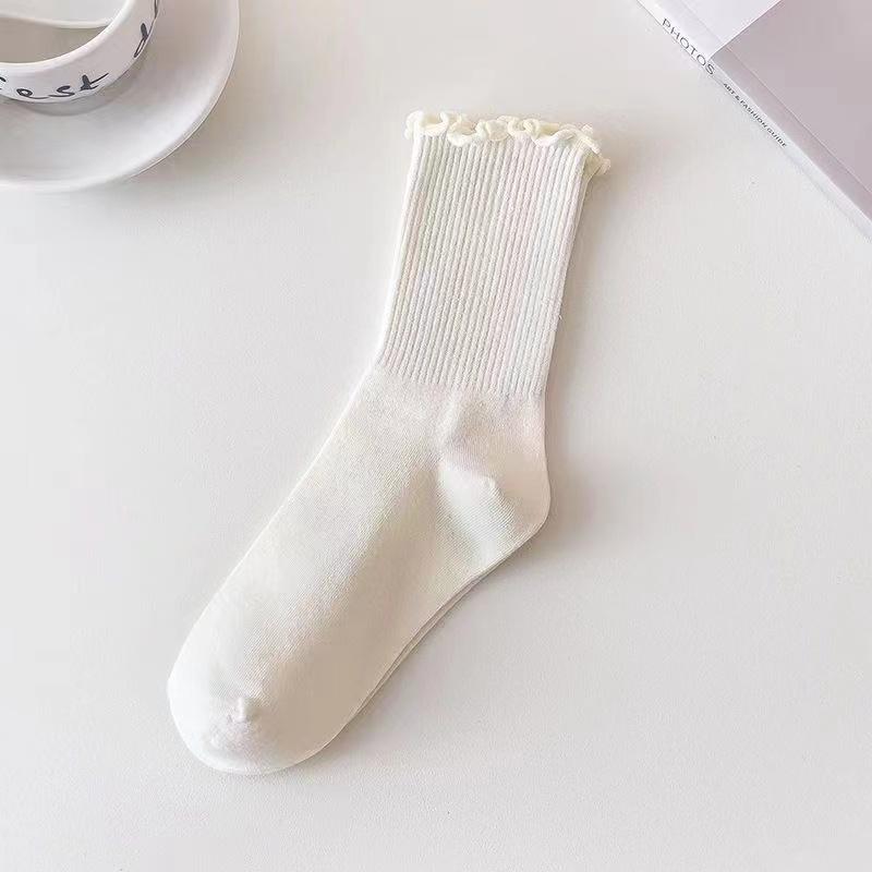 5 Pairs/Lot Ruffled Mid Length Socks Women's Breathable Solid Color Set Spring and Autumn Comfort Sweat-absorbing Girls' Socks
