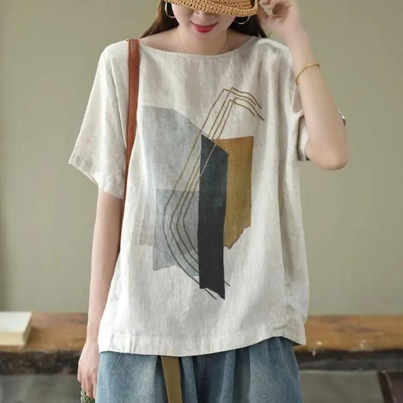 Summer Women's Artistic Retro Short Sleeve Shirt Loose Slimming Casual Print Top Trendy Round Neck Regular