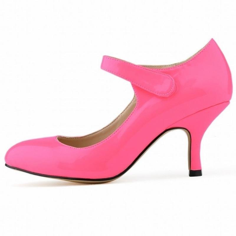 Zapatos de tacón alto informales de charol con tiras en el tobillo para mujer, 7 cm, tacón medio, cómodos, redondos, de boca baja, para trabajo, boda, color rojo