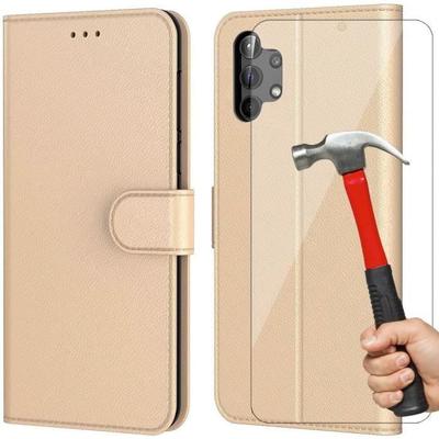 Case and Tempered Glass - Booling - for Samsung A32 5G - Gold - Leather Effect - 360° Protection