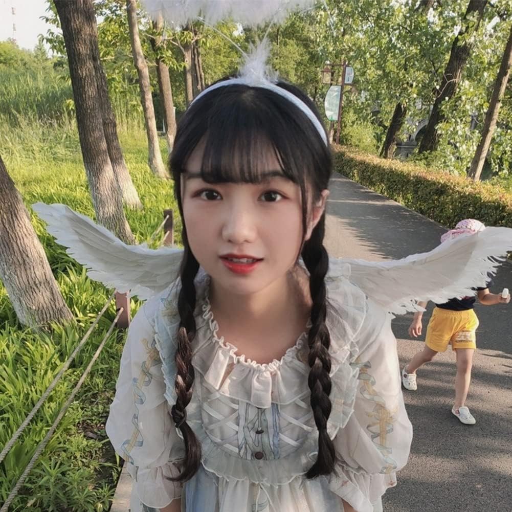 Formemory Angel Wings Cosplay Set for Kids, Angel Wings, Ring, Heart Cane, and Hair Ornament, 4-Piece Set, White Angel Costume Accessories for Women