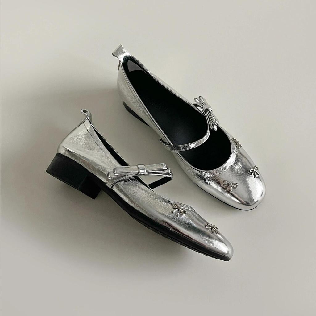 Sheepskin Version~ Silver Flat-soled Single Shoes Women's French Light Mouth Mary Jane Shoes One-word Buckle Bow Versatile Small Leather Shoes