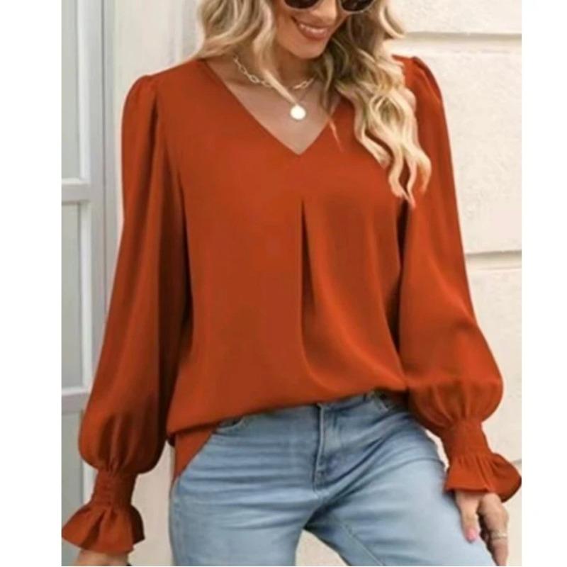 Spring and Summer New V-neck Pullover Trumpet Sleeve Top Solid Color Casual Long Shirt