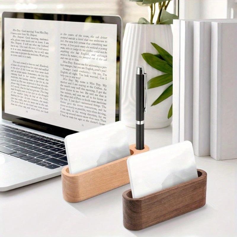 Wooden Business Card Holder with Pen Slot Desktop Display Stand Memo Note Holder and Storage Organizer Office Desk Accessory