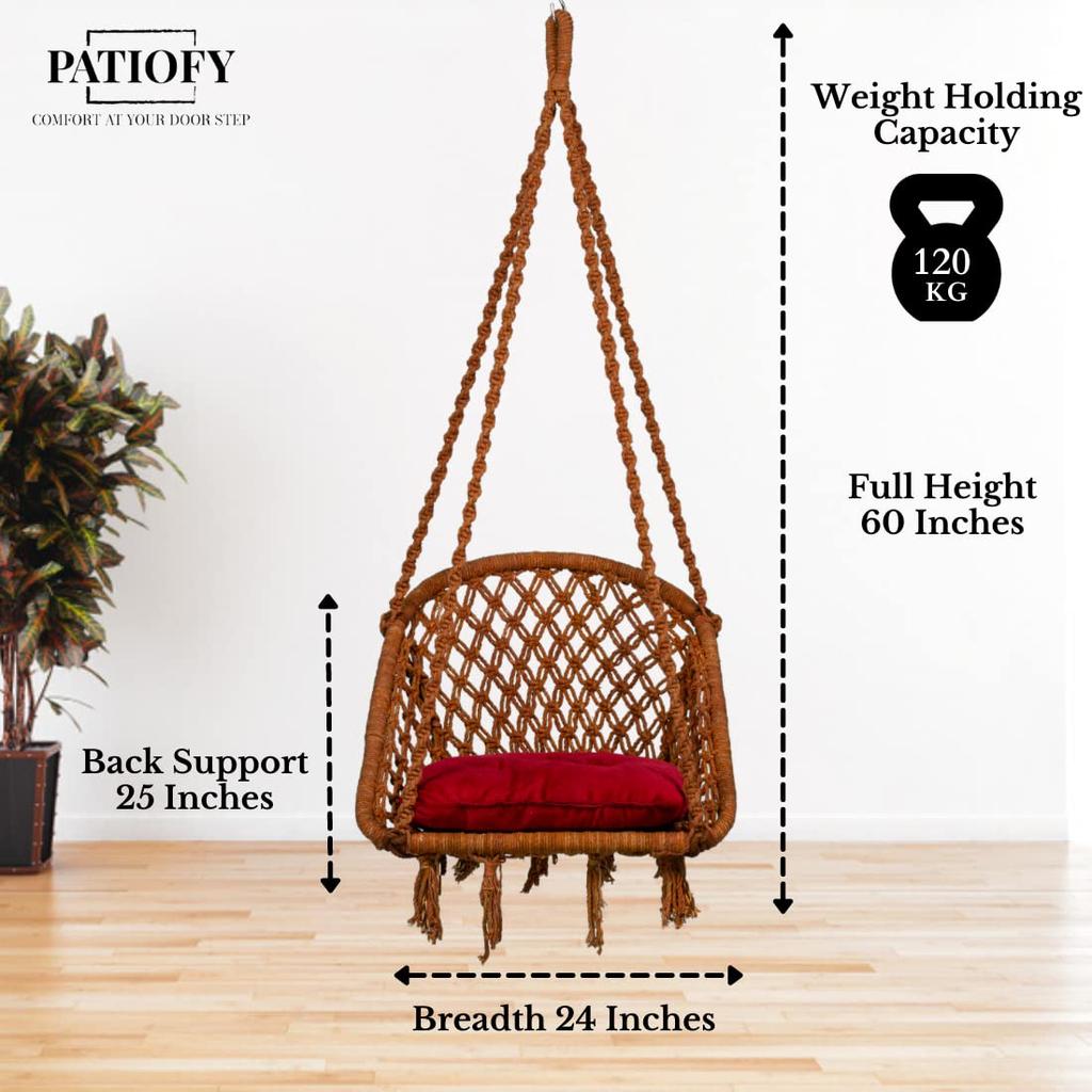D-förmige Holzschaukel aus Baumwolle/Jhula für Erwachsene/Jhoola/Schaukel für den Innenbereich/Inklusive Aufhängeset und rotem Kissen (Braun)