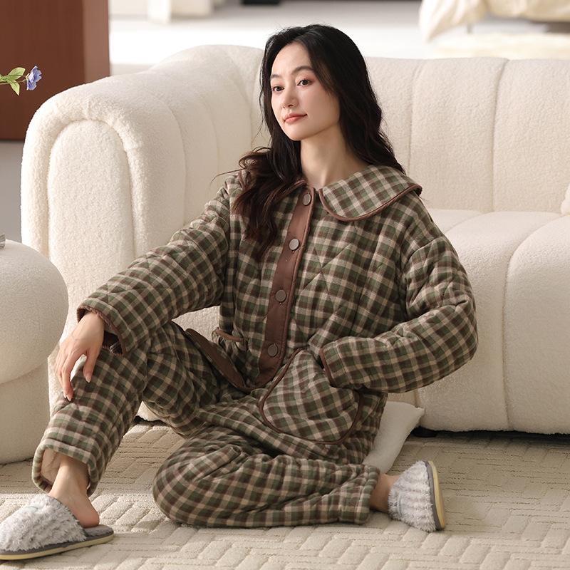 Woven pure cotton three-layer padded thickened pajamas women's winter fleece coral fleece flannel loungewear winter padded jacket