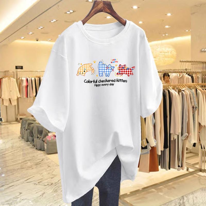 

2025 new versatile white short-sleeved t-shirt summer women s small pure cotton loose top ins summer lazy wind fat S