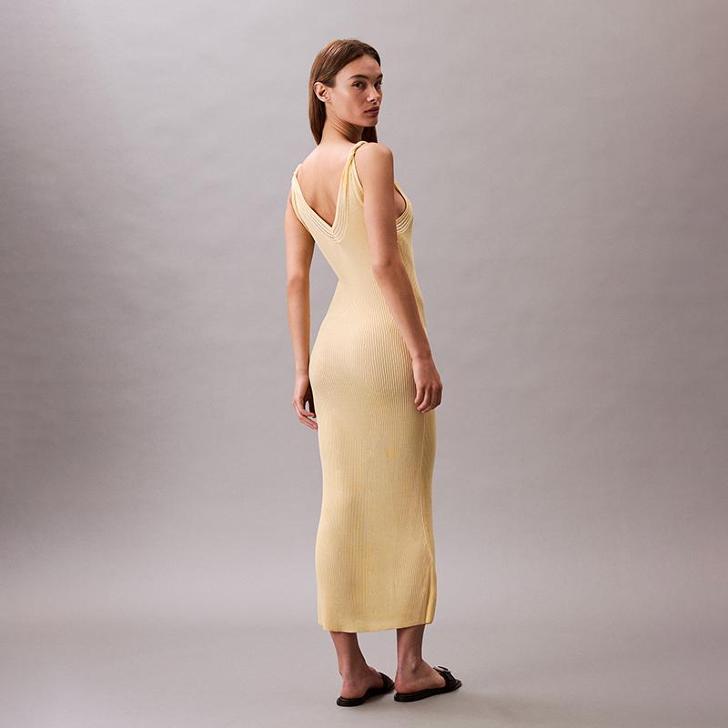 Calvin Klein French V-Neck Ribbed Knit Slip Dress Women dresses Sunlight-Yellow 47C304G