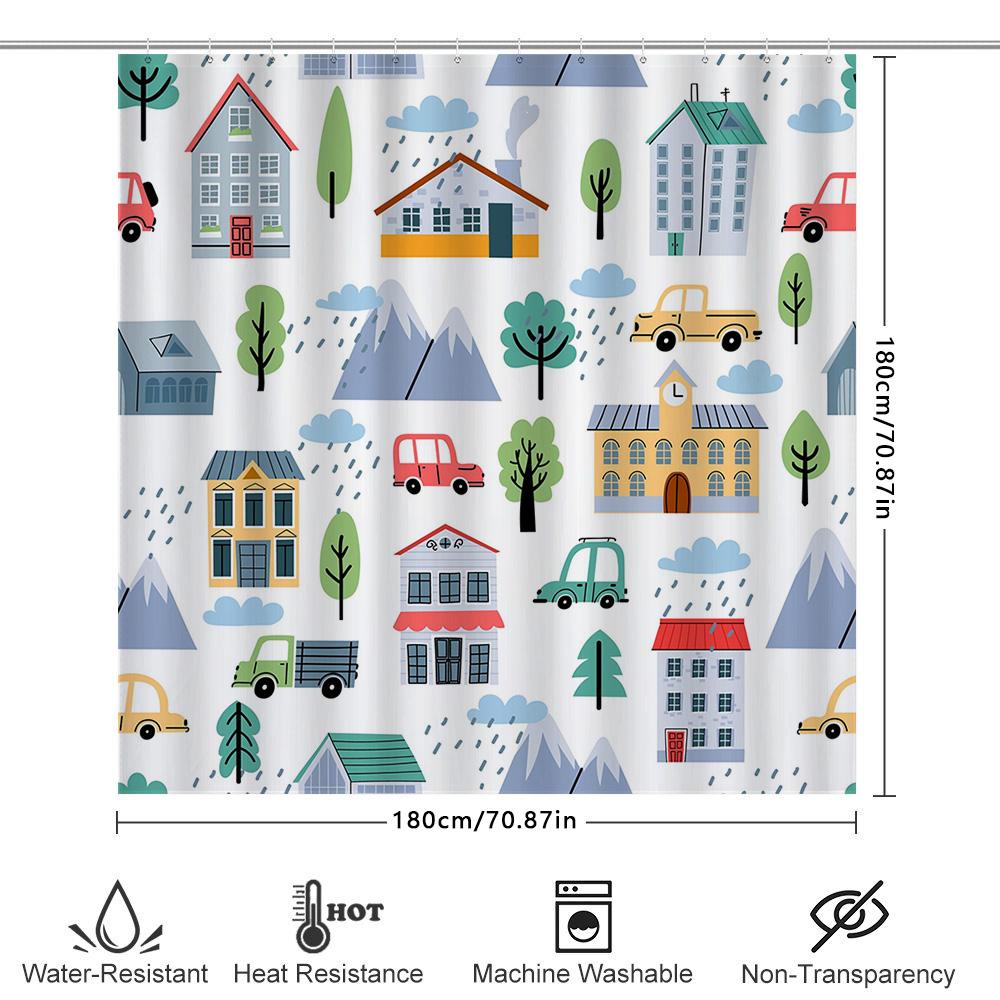 Rainy Day Cartoon Shower Curtain Modern House Car Print Waterproof Bath Mat Cover For Bathroom Decorations In Home Garden Access
