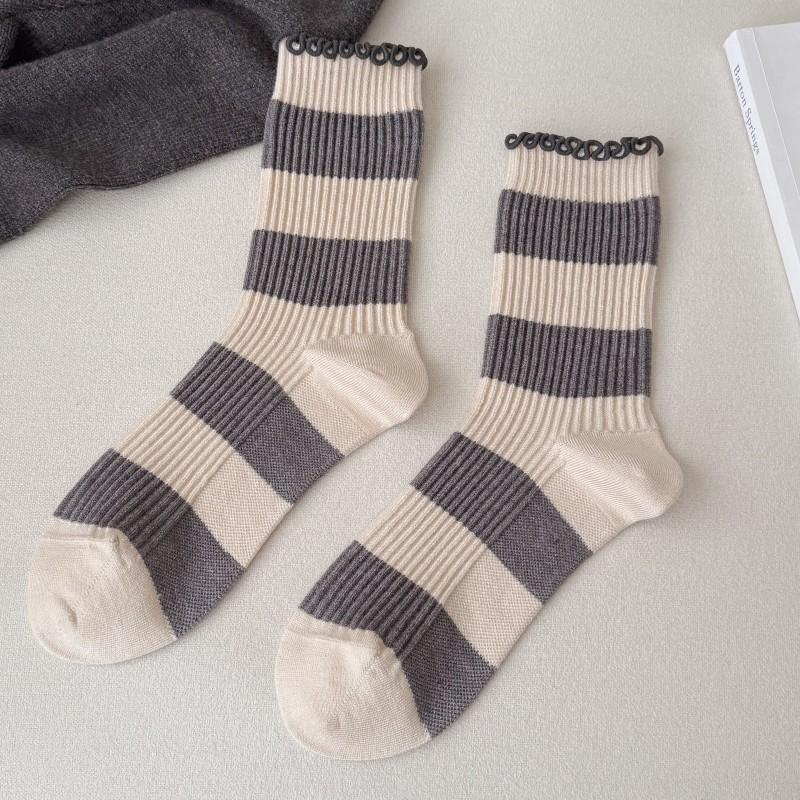 Grey Striped Socks Medium Tube Socks Cute Embroidered Puppy Cloth Label Curled Edge Socks Trend Socks