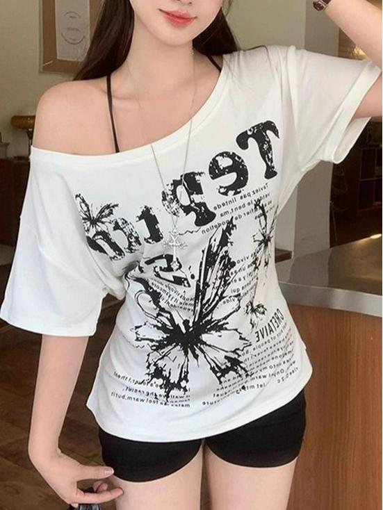 T-shirt d'été asymétrique épaules dénudées grande taille pour femme 2025