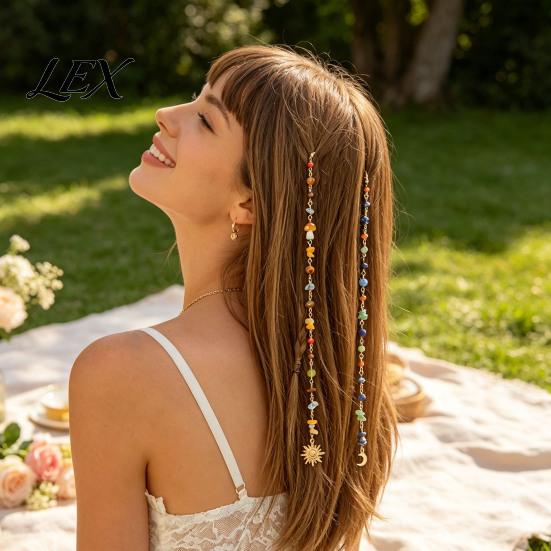 Sea Themed Hair Accessories 2Pcs Bohemian Long Tassel Braided Chain with Clips, Colorful Gift for Ocean Style Lovers Sun Moon Pendant, Jewelry