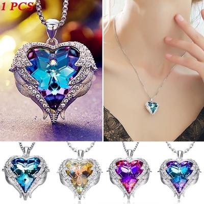 Angel Wings Pendant Necklaces Blue Crystal Heart Necklace for Women Christmas Jewelry KTJ