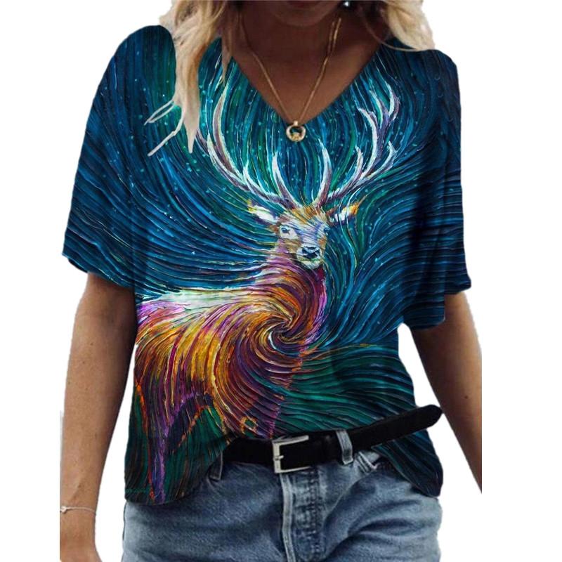 Fashion Spring  Multicolored Print Blouses Short Sleeved V-Neck T Shirts Casual