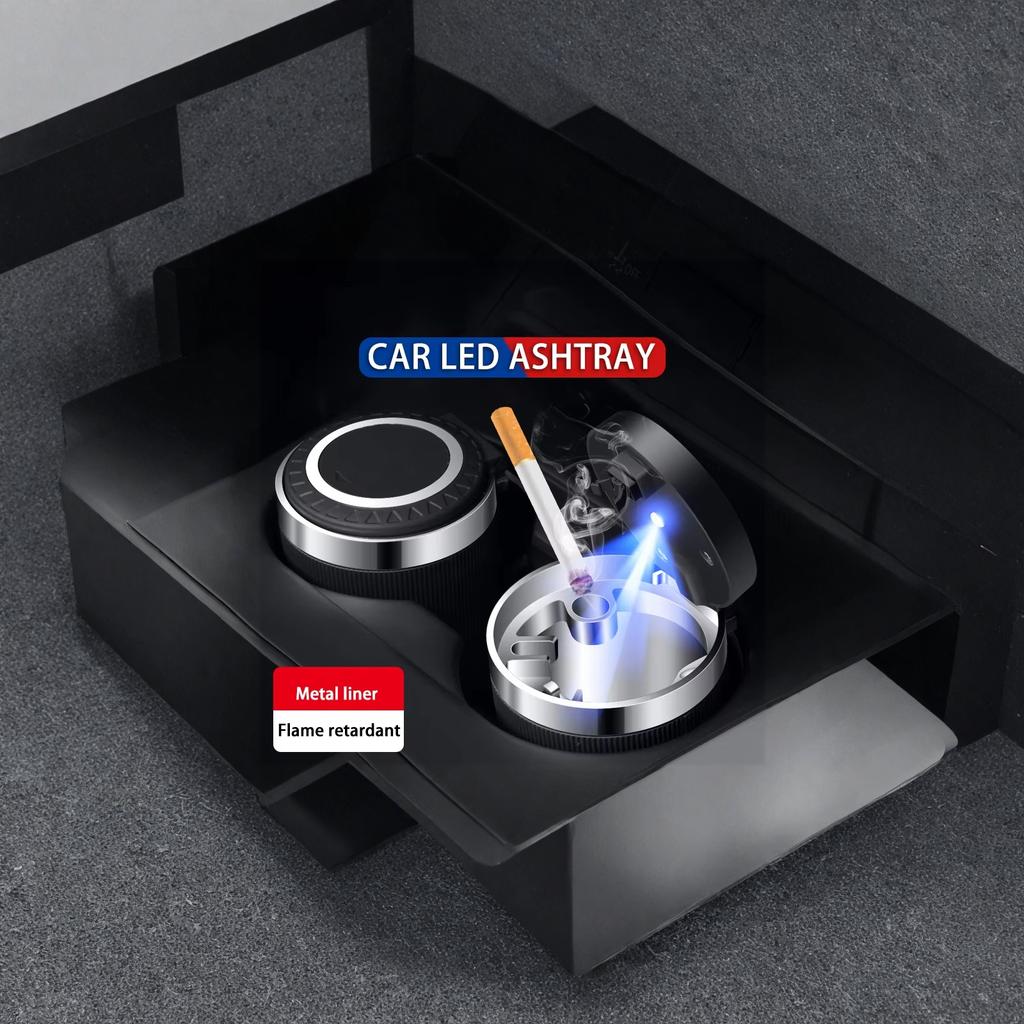 Car Ashtray with Lid LED Light Metal Liner One Open