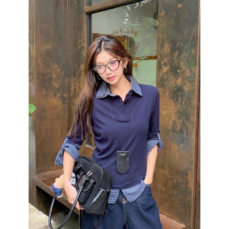 

Футболка-поло из двух частей с контрастным воротником и длинными рукавами для женщин, весна и осень, новый стиль, узкие рукава в стиле колледжа 2XL темно-синий