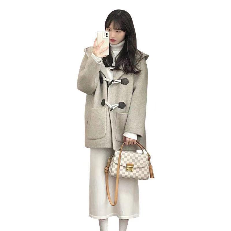 Womens Short Wool Blend Coat With Hood Horn Buttons Korean Style Oversized Winter Outerwear