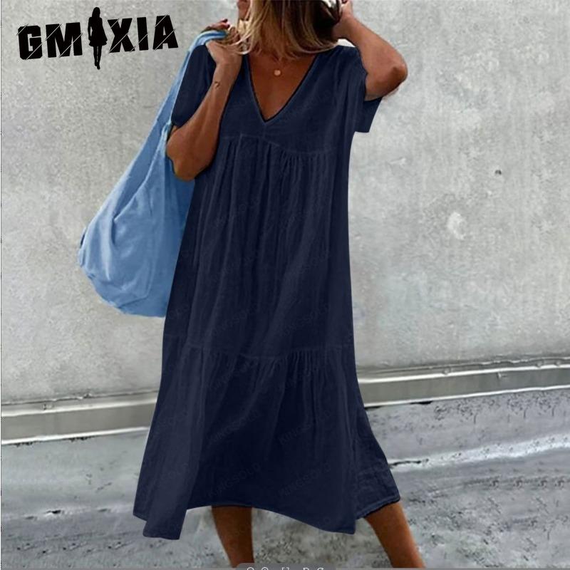 

GMXIA женские модные летние весенние однотонные повседневные платья с короткими рукавами и v-образным вырезом и высокой талией XXXL темно-синий