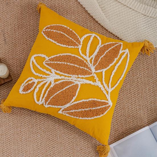 Embroidered Pillowcase Tufted Embroidery Cushion Cover with Tassels Cotton Linen Decorative Pillow