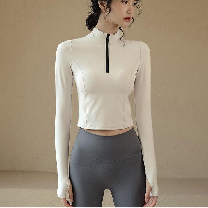 

Женские спортивные футболки с воротником-стойкой на молнии, однотонные черные быстросохнущие футболки с длинным рукавом для фитнеса, йоги, спортзала, повседневные футболки для девочек, женские топы для велоспорта S