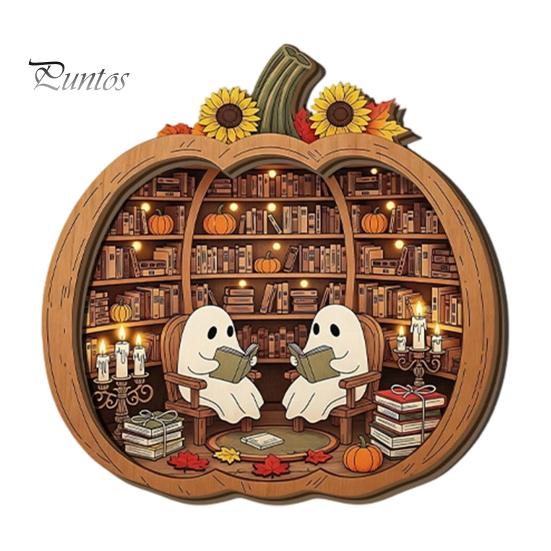 Fall Harvest Home Decoration Halloween Ghost Wooden Tabletop Ornament, 2D Flat Cute Reading Bathing Thanksgiving Table Centerpiece Watering