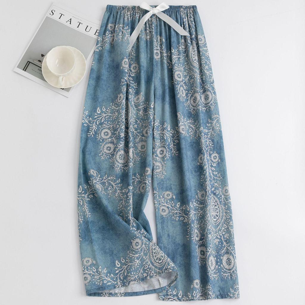 Women's Floral Cotton Silk Pajama Pants, Mosquito Repellent, Outdoor & Home Wear, Plus Size, Lightweight Summer Style.
