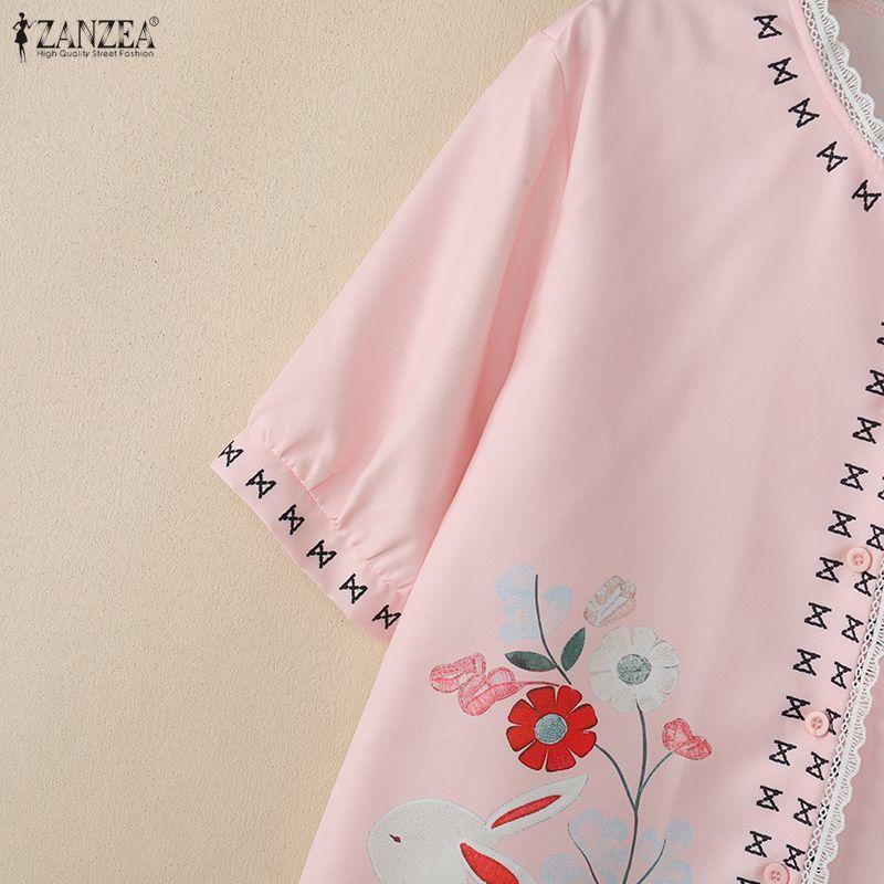ZANZEA Women Casual Round Neck Loose Short Sleeve Floral Blouse