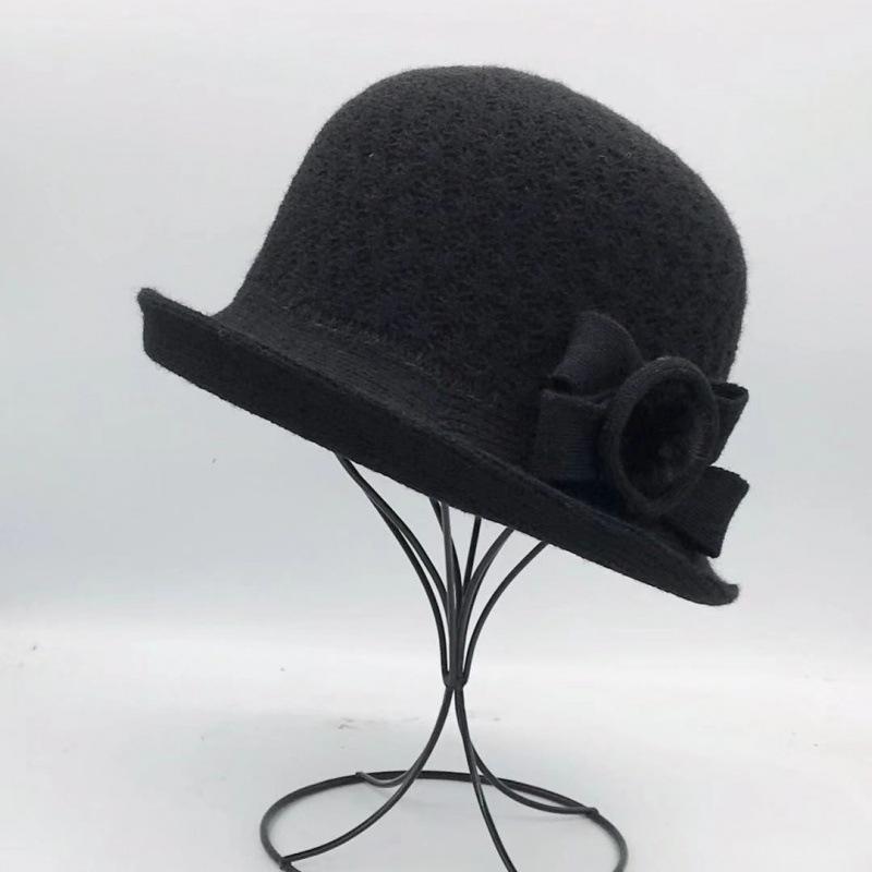 Woolen Bucket Hat Women's Autumn and Winter Bow Korean Version Versatile Japanese Dome Basin Hat British Retro Top Hat Tide