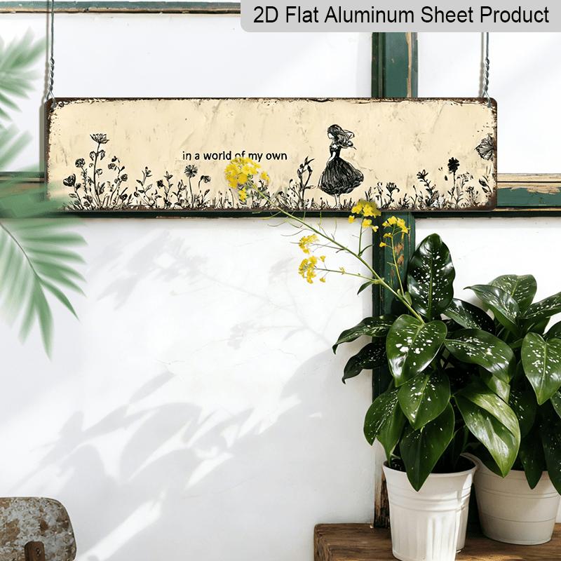 2D Flat, 1pc Vintage "In A World of My Own" Metal Wall Art Sign - Rustic Retro Aluminum Decorative Sign with Floral Whimsical Design, 15.7×3.94inch