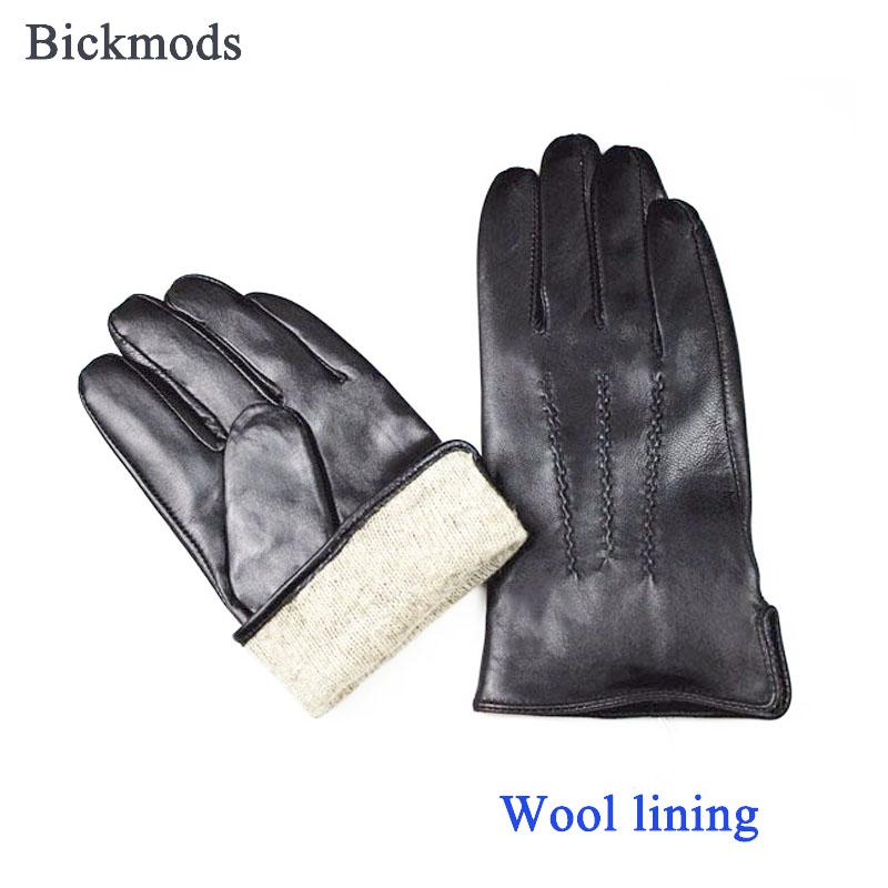 Sheepskin leather gloves men's fashion simple wool lining autumn and winter velvet warm car driving cycling gloves
