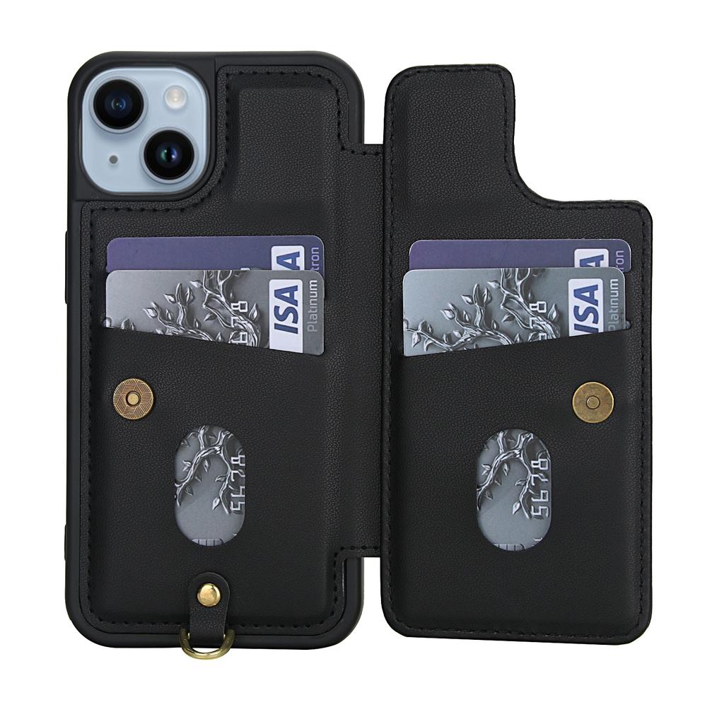 For iPhone 14/13 Case Embroidered Tulips PU Leather Card Holder Back Cover with Shoulder Strap/Wrist Strap