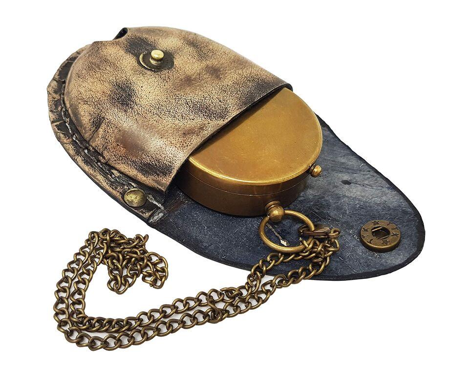 Brass Compass Nautical Pocket Backpacking Compass Leather Case Vintage Campin...
