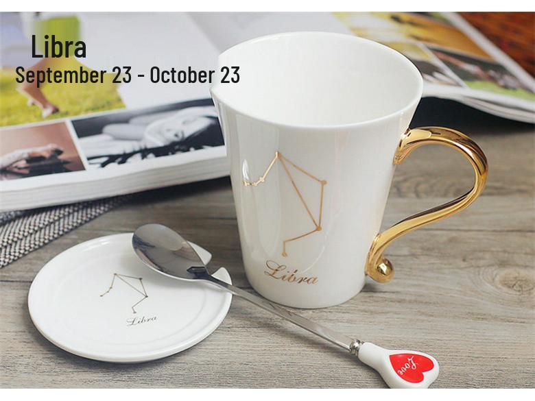 Tierkreiszeichen Keramiktassen-Set: Stilvolle Sternbild-Tasse für Zuhause, Paare, Kaffee und Tee, komplett mit Deckel und Löffel.