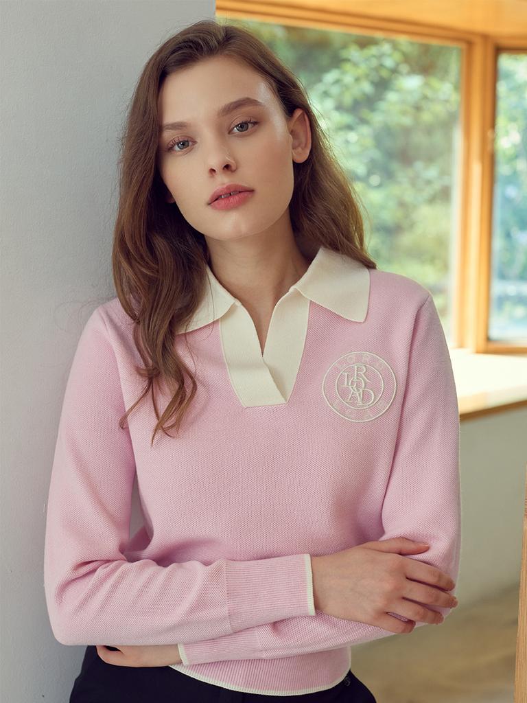 LORDLOAR Signature Color Block Collar Long Sleeve Knit Pink