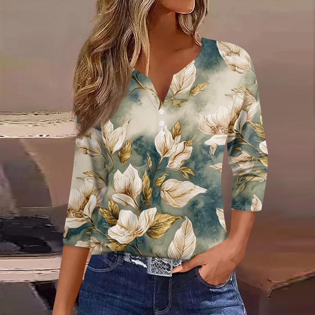 Women's Fashion Casual Floral Print V-Neck Decorative Button Three-quarter Sleeve T-Shirt Top