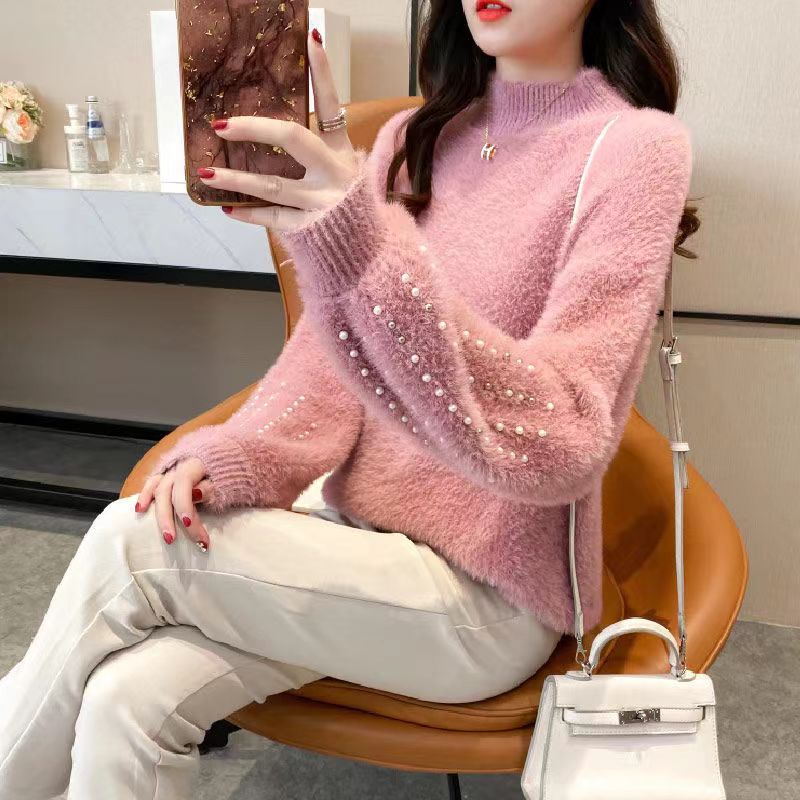 Half Turtleneck Mohair Sweater Women's Autumn and Winter Long-sleeved All-match Slim Pullover Knitted Top