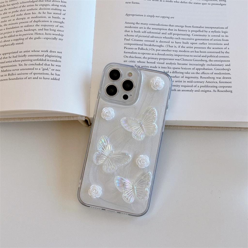 ins romantic pink pearl white three-dimensional pink flower 15Pro laser butterfly three-dimensional handmade Epoxy 13 mobile phone case