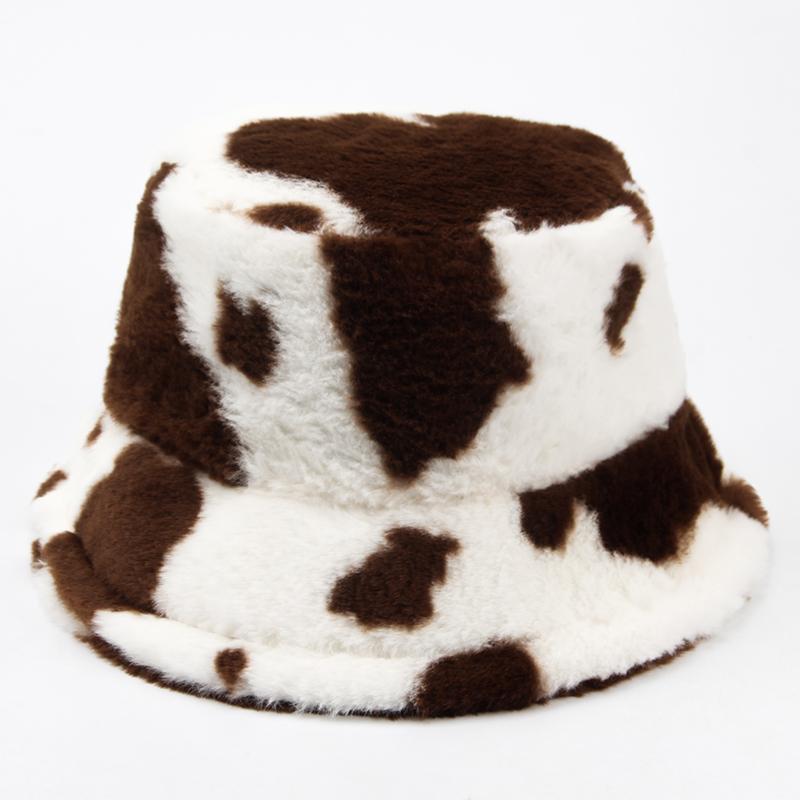 CNTANG New 2024 Women Bucket Hat Autumn And Winter Warm Cow Print Plush Fashion Panama Casual Hats For Ladies Fisherman Caps