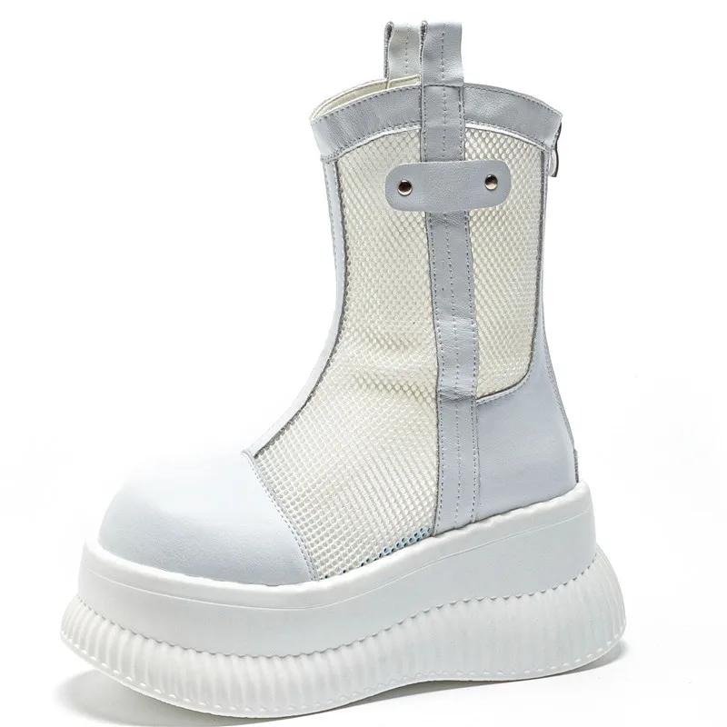 

8CM Air Mesh Genuine Leather Boots Women Pumps Summer Motorcycle Chimney Sandals Hollow Ankle Booties ZIP Fashion Shoes 40 белый