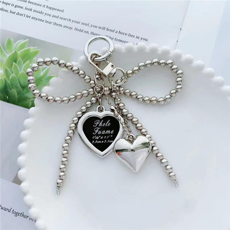 Silver Bead Bow Bag Charm: High-End Heart Pendant with Personalized Woven Rope Keychain Assembly Required